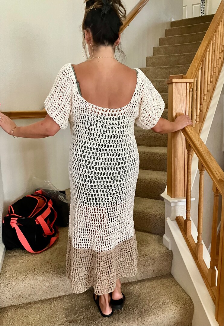 Crocheted Maxi Dress Bathing Suit Cover-Up One-Of-A-Kind. Hand-Crochet Size Medium Cream Color with Dark Brown | MakerPlace by Michaels Crocheted Maxi Dress Bathing Suit Cover-Up One-Of-A-Kind. Hand-Crochet Size Medium Cream Color with Dark Brown | MakerPlace by Michaels